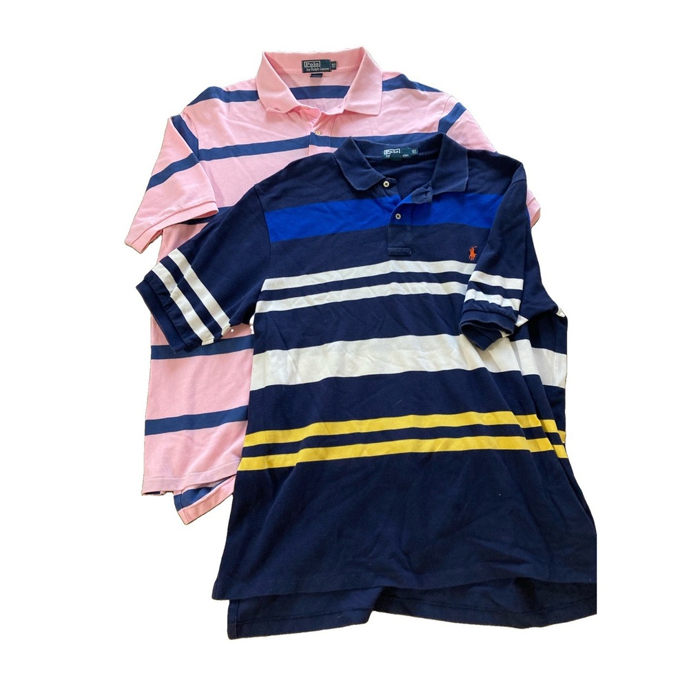 Vtg Polo Ralph Lauren Rugby Polo Shirt Sz XL Tall Set Of 2 Pink Blue Stripped